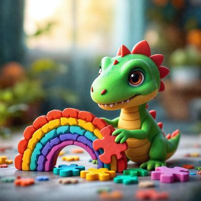 The primary subject of the image is a toy dinosaur, specifically a green and red T-Rex, sitting on a table. The setting is a room with a window in the background. The visual style is a digital art, and the colors and mood are vibrant and lively.